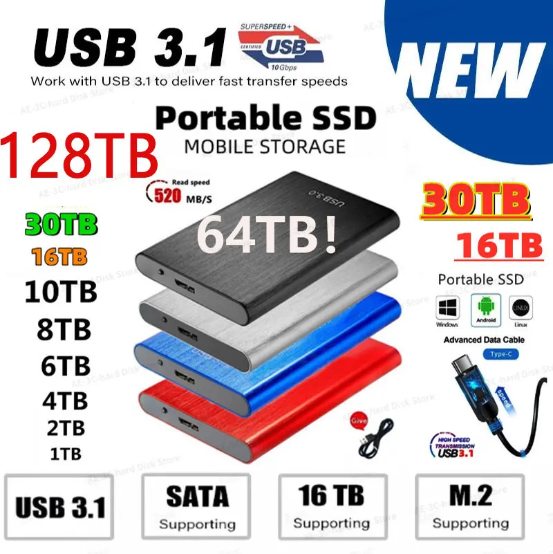 

High-speed 128TB 500GB External Hard Drive 2TB 4TB 8TB Protable SSD USB3.1 SSD 64TB Hard Disk Storage Device for Desktop Laptop