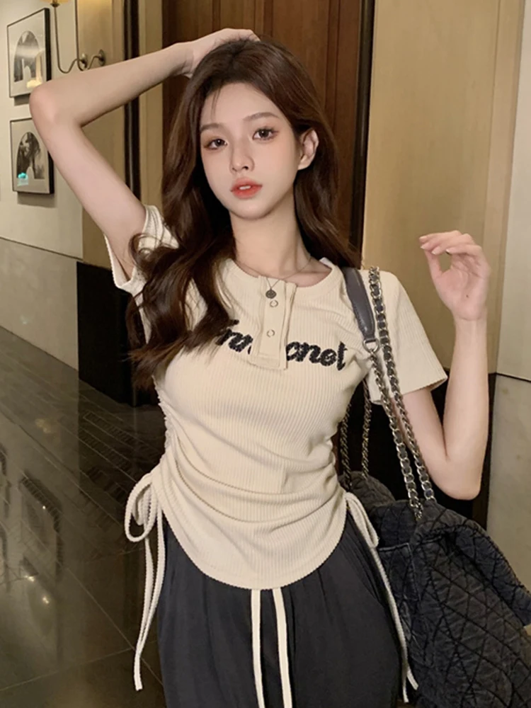 Korean Fashion Drawstring Crop Tops Letter Printed Short Sleeve T-shirt Kawaii 2022 Summer Streetwear Sexy Slim Tshirts Women
Korean Fashion Drawstring Crop Tops Letter Printed Short Sleeve T-shirt Kawaii 2022 Summer Streetwear Sexy Slim Tshirts Women