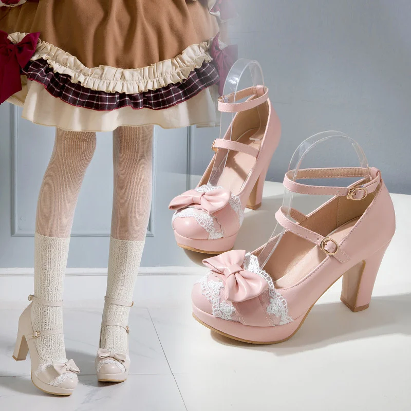 

Женские туфли на высоком каблуке, туфли-лодочки розового и бежевого цвета на платформе с милым бантом и кружевом, туфли принцессы, Мэри Джейн, Лолита, лето 2023