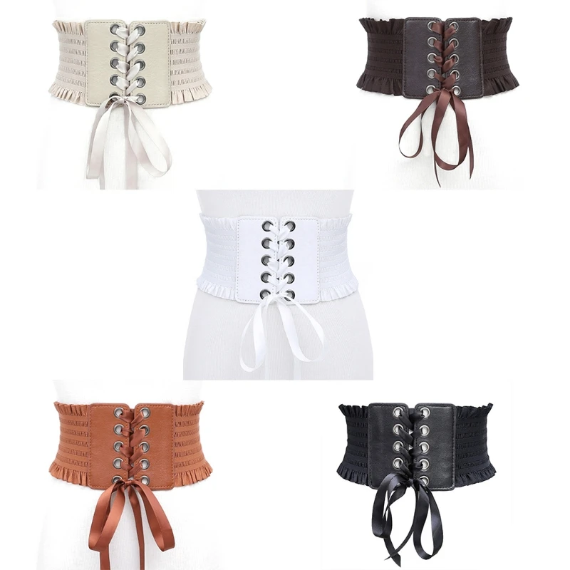 

Flexible Girls Broad Waist Belt PU Leather Embellished Metal Button Closure Women Wardrobe Must-have Piece T8NB