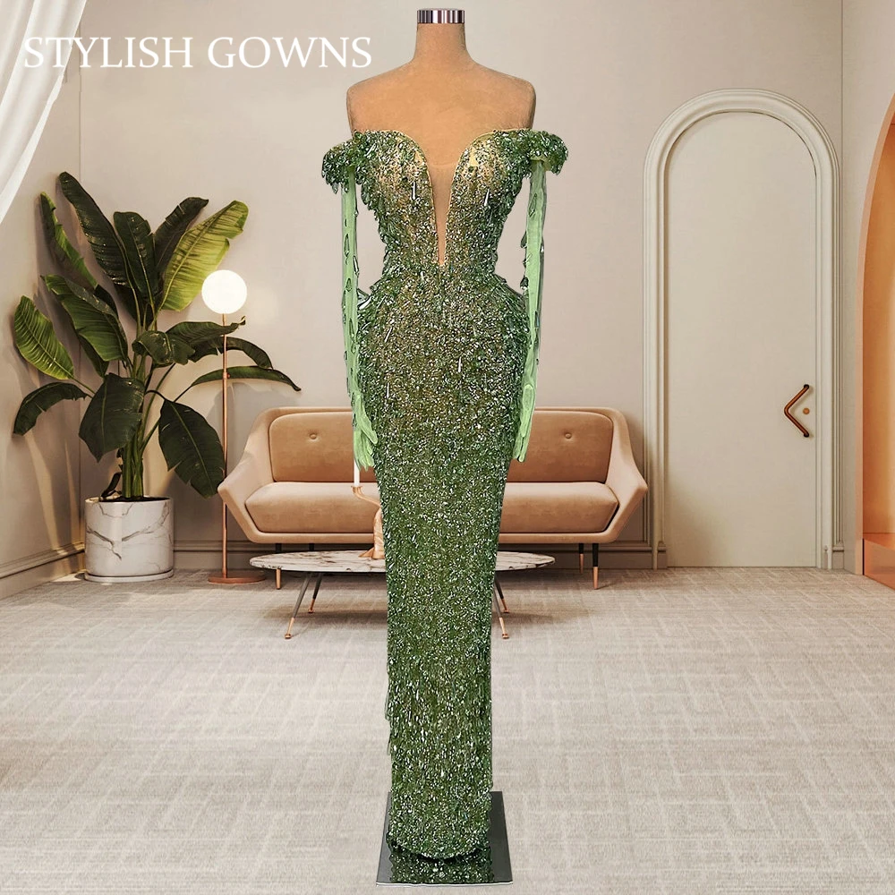 Bright Green Off the Shoulder Long Straight Fitted Evening Dresses Teardrop-shaped Beaded Crystals Wedding Guest Wear Gowns
Bright Green Off the Shoulder Long Straight Fitted Evening Dresses Teardrop-shaped Beaded Crystals Wedding Guest Wear Gowns