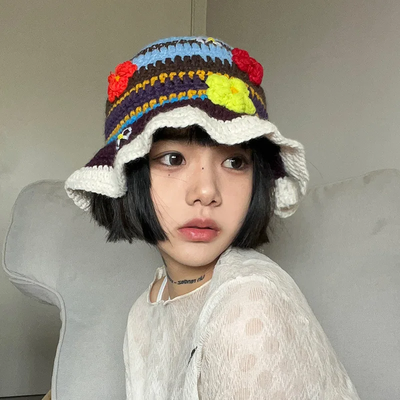 

INS New Retro Niche Knitted Bucket Hat Women's Colorful Woven Fisherman's Hats Crochet Flowers Casual Panama Bob Cap Gorras