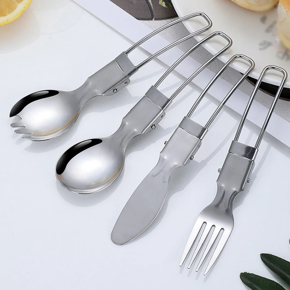 

2pcs Folding Cutlery Portable Corkscrew Tableware High Strength Stainless Steel Disassembly Outdoor Camping Fork Spoon Cutter