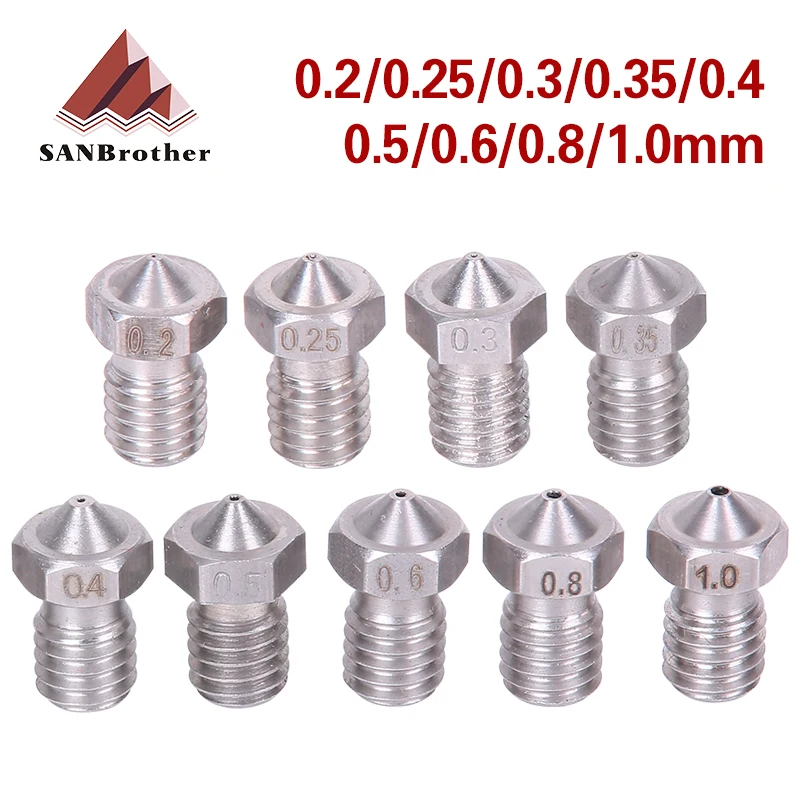 

2pcs V5 V6 Stainless steel Nozzle 0.2/0.3/0.4/0.5/0.6/0.8mm M6 thread Nozzle Extruder Print Head for 3D Printer E3d 1.75/3.00MM