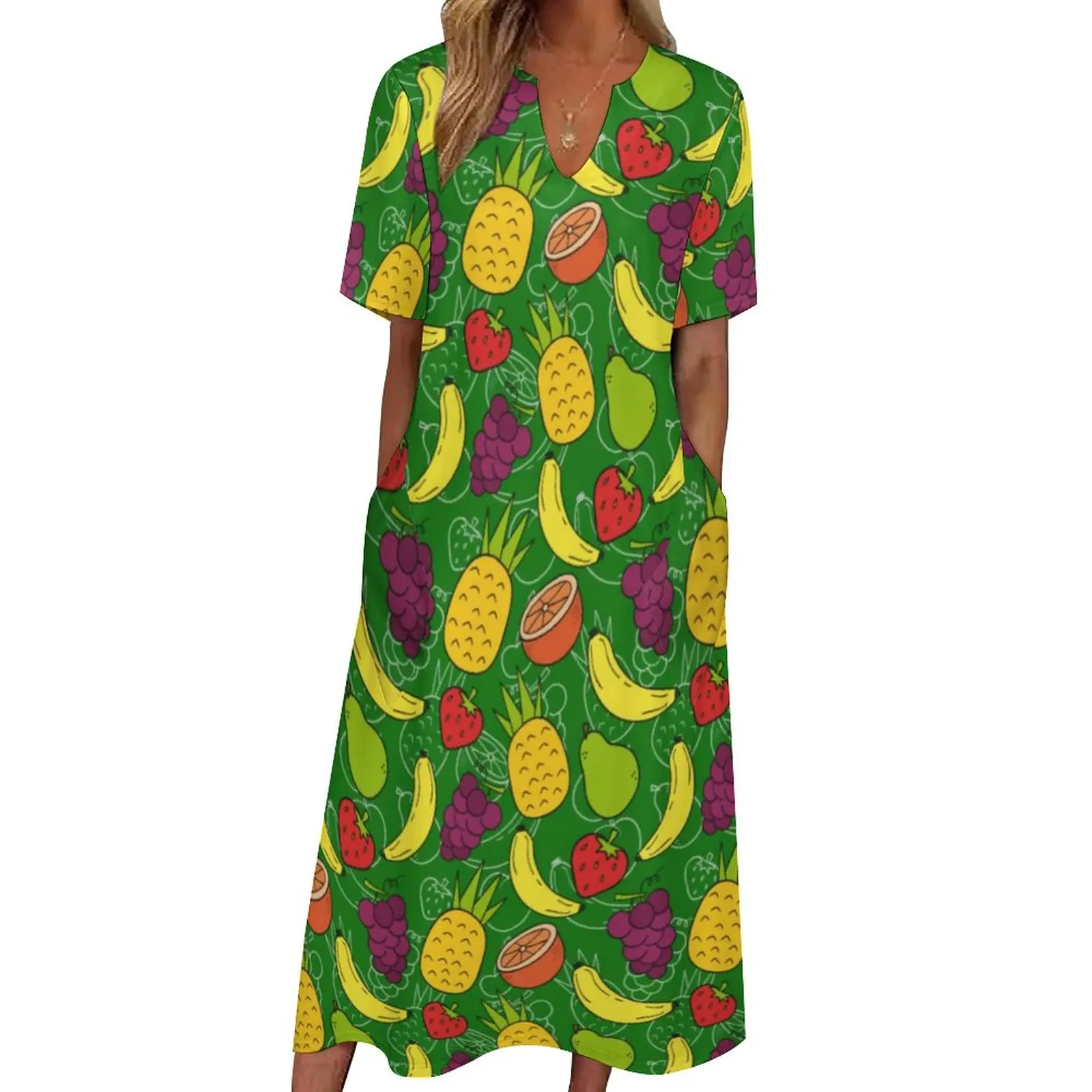 

Cute Pineapple Dress Funny Fruit Print Beach Maxi Dress Aesthetic Bohemia Long Dresses Female V Neck Printed Oversized Vestidos