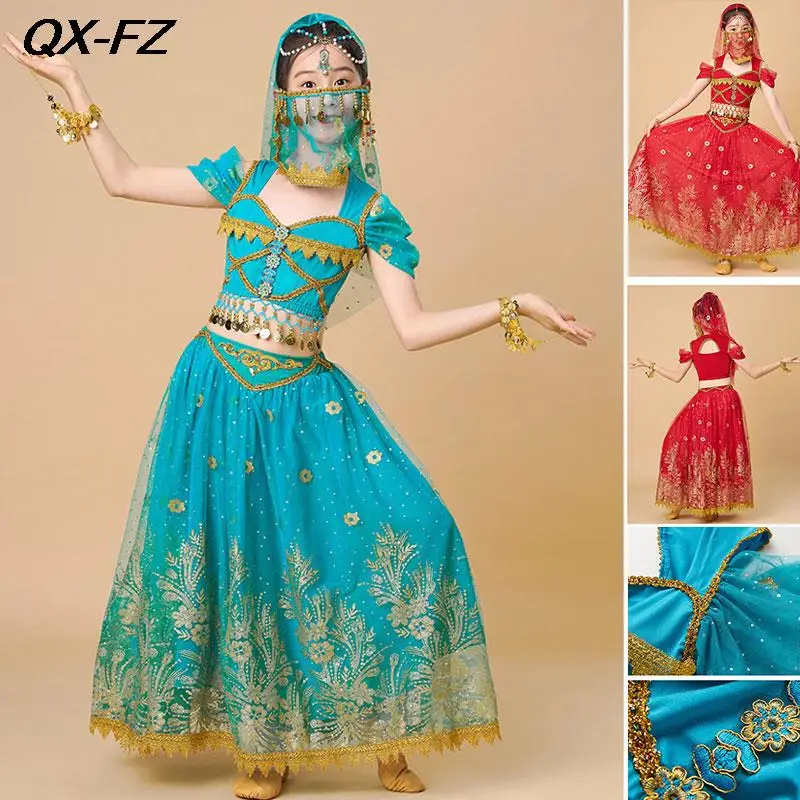 

2023 Kids Belly Dance Costume Set Girls Oriental Indian Dance Cosplay Jasmine Princess Clothing Bollywood Performance Outfit Set