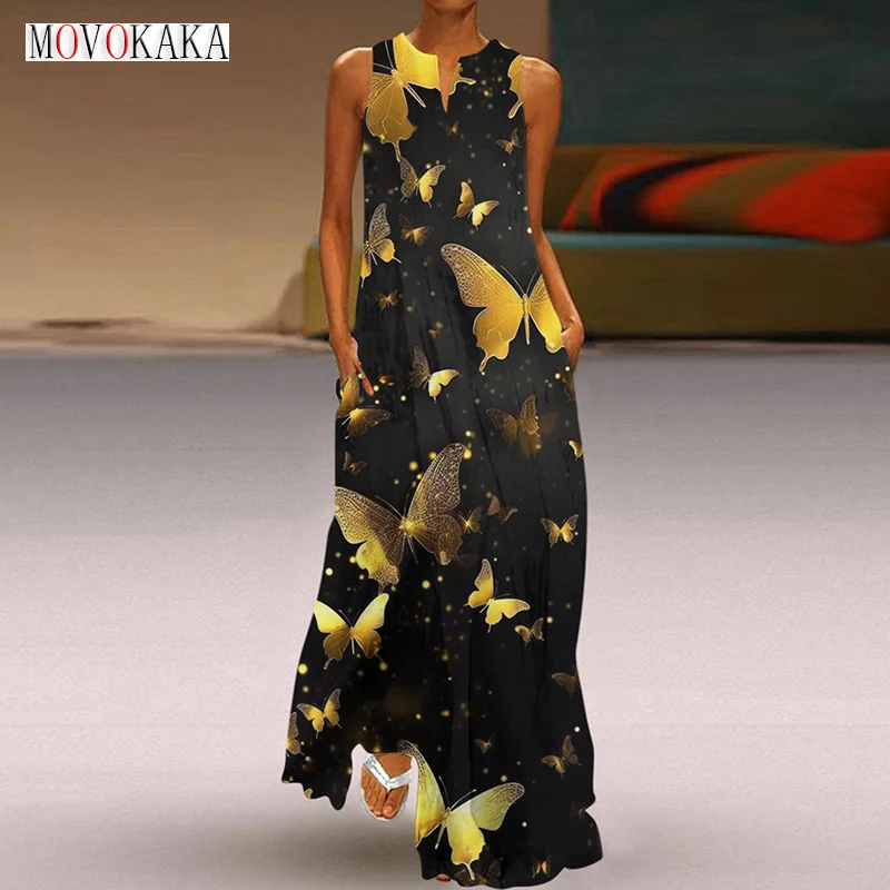 

Женское длинное платье в стиле бохо MOVOKAKA, черное пляжное платье без рукавов с V-образным вырезом и принтом бабочки, Элегантное повседневное платье макси, весна-лето