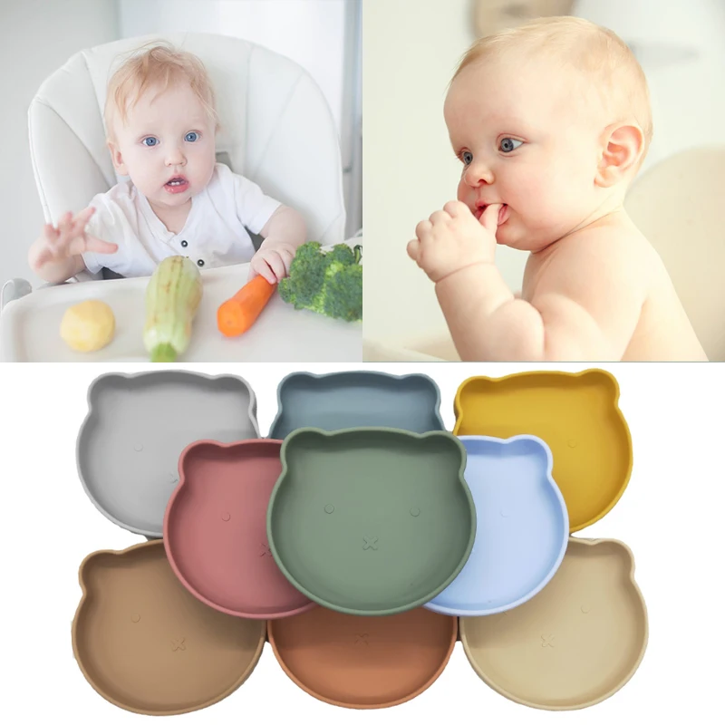 

Baby Bowl Spoon Bear Colorful Silicone Dinner Plate Powerful Suction Cup BPA Free Wooden Handle Fork Spoon Child Feeding Set