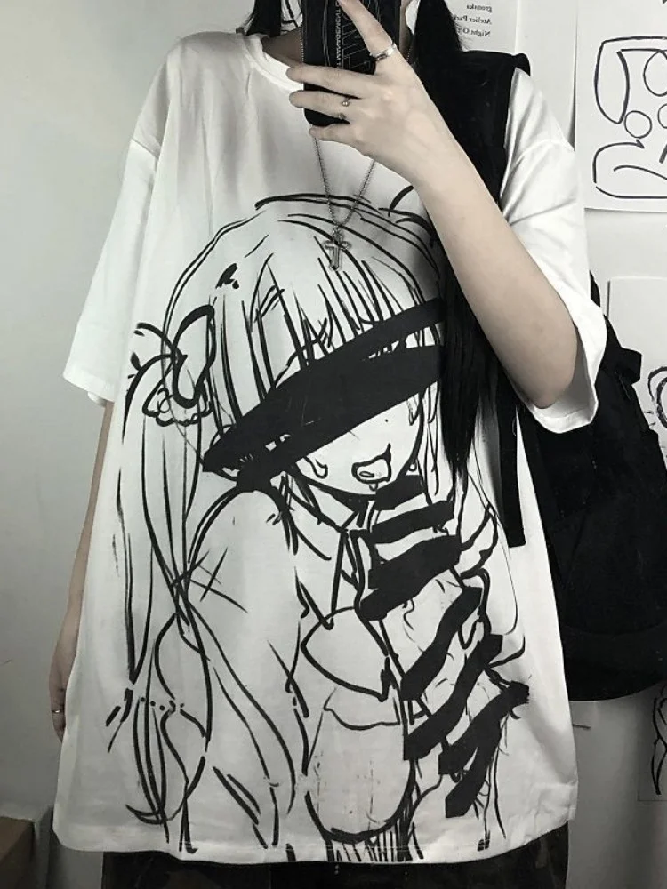 

ADAgirl Anime Graphic T Shirts Women Cartoon Oversized Streetwear Short Sleeve Japan Style Gothic White Tops E-girl Clothing Alt