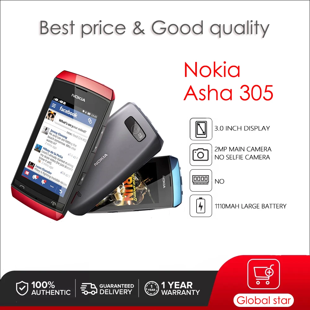Nokia Asha 305 Original Unlocked GSM 900 / 1800 3.0 inch 2MP Removable Li-Ion 1110 mAh battery mobile phone
Nokia Asha 305 Original Unlocked GSM 900 / 1800 3.0 inch 2MP Removable Li-Ion 1110 mAh battery mobile phone