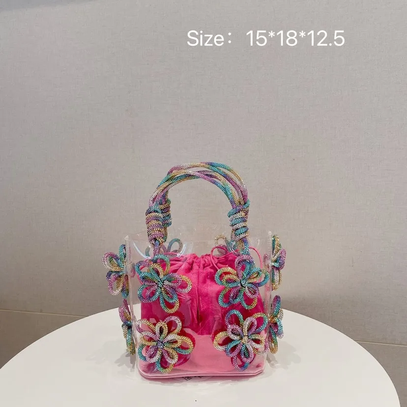 

Flower Crystal Handbag Luxury Color Diamonds Basket Bag Clear PVC Jelly Bags for Women Shoulder Bag Brands Designer Evening Bags