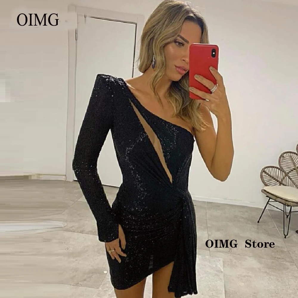 OIMG Sparkly Black Sequin Short Prom Party Dresses One Shoulder Long Sleeve Asymmetric Mini Night Club Cocktail Dress Gown
OIMG Sparkly Black Sequin Short Prom Party Dresses One Shoulder Long Sleeve Asymmetric Mini Night Club Cocktail Dress Gown