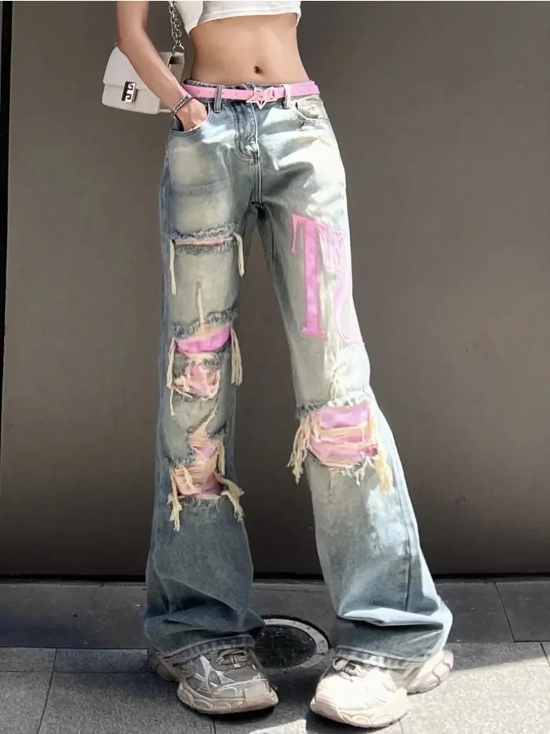 

Женские винтажные рваные джинсы, мешковатые джинсовые брюки с высокой талией в Корейском стиле 1920-х годов, уличная одежда Y2k, женские брюки в стиле панк с широкими штанинами, женские брюки