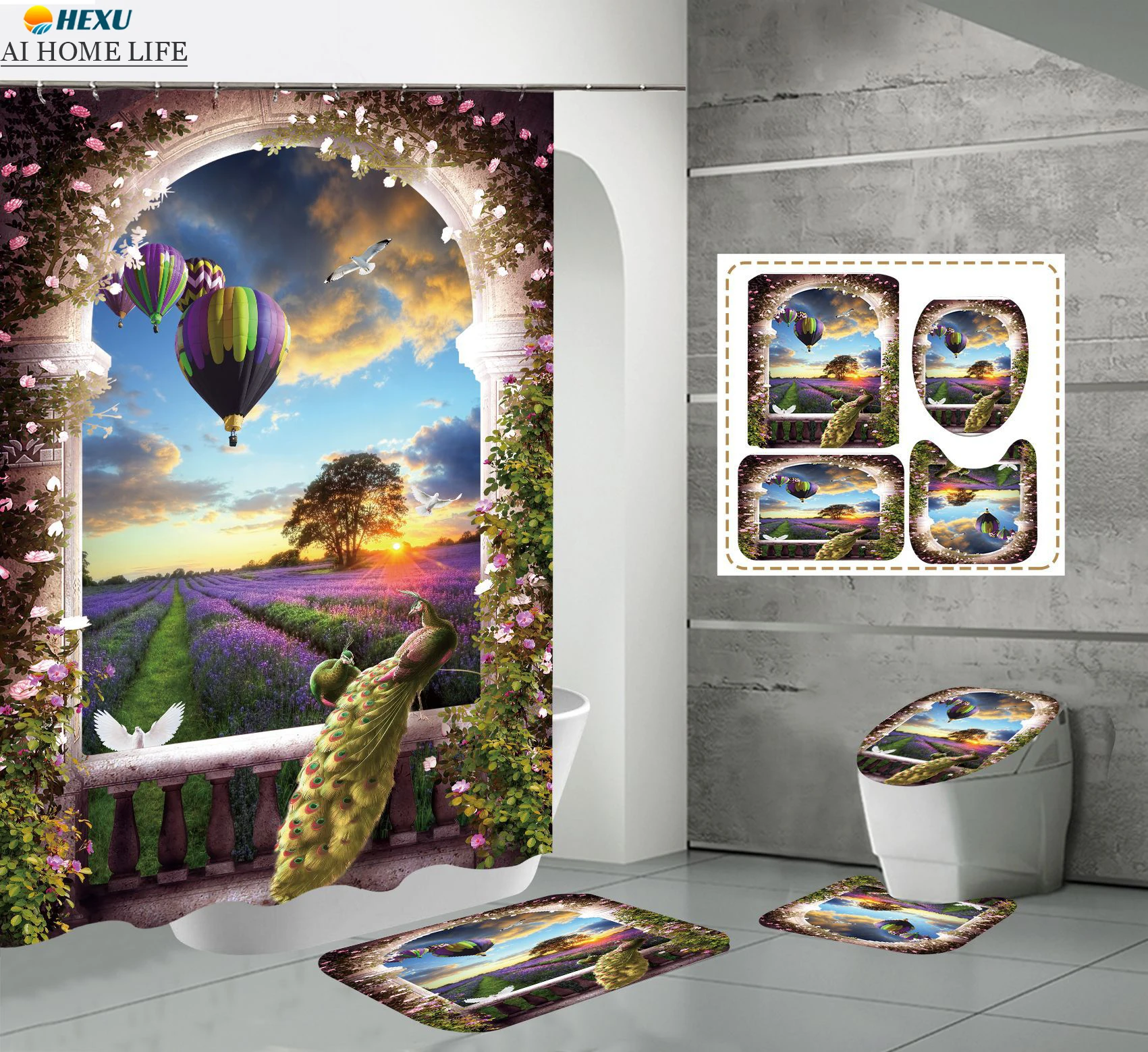 Elegant Peacock Shower Curtain Sunset Landscape Purple Lavender Pink Flowers Home Decor Cloth Bathroom Curtain 3PCS Bath Mat Set
Elegant Peacock Shower Curtain Sunset Landscape Purple Lavender Pink Flowers Home Decor Cloth Bathroom Curtain 3PCS Bath Mat Set