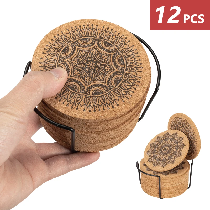 

1 Set Creative Nordic Mandala Design Round Shape Wooden Coasters with Rack Nordic Mandala Round Cork Coaster Cup Mat