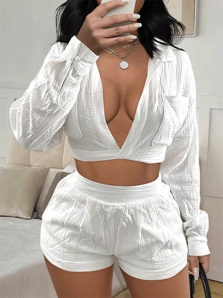 Summer Outfits Soild Shorts 2 Two Pieces Sets Women Outfit 2023 V Neck Long Sleeve Crop Top Streetwear Blue White Shorts Suits
Summer Outfits Soild Shorts 2 Two Pieces Sets Women Outfit 2023 V Neck Long Sleeve Crop Top Streetwear Blue White Shorts Suits