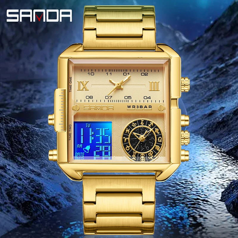 

Часы наручные SANDA мужские с квадратным циферблатом, многофункциональные электронные водонепроницаемые кварцевые, с тремя дисплеями, 50 м, 9008