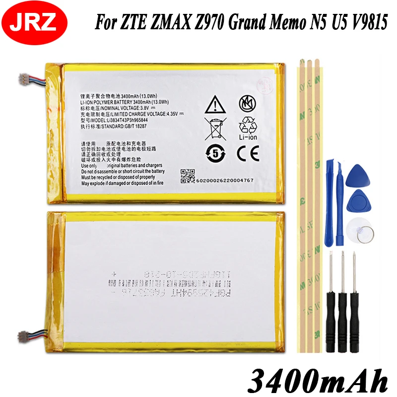 

Li3834T43P3h965844 3400mAh Battery For ZTE ZMAX Z970 Grand Memo N5L LTE N5 N5S N9520 U5 U5S U969 U9815 V9815 Phone Battery+Tools