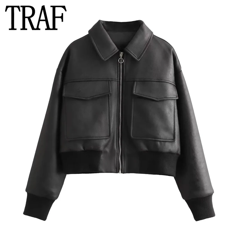 

TRAF 2023 Faux Leather Bomber Jacket Women Vintage Cropped Jacket Woman Autumn Zipper Aviator Jackets Long Sleeve Short Coats