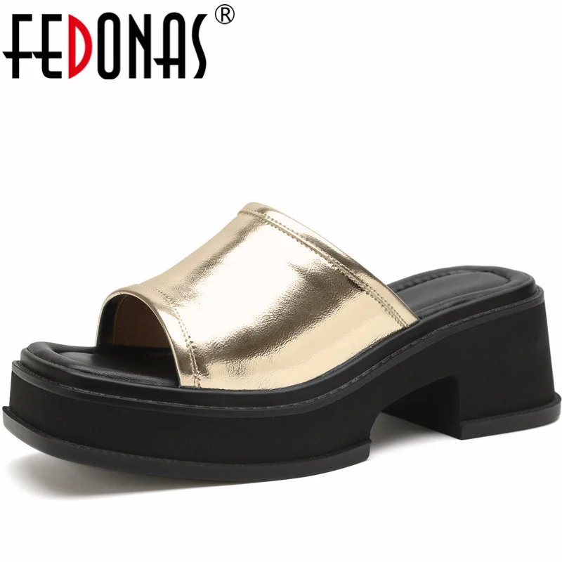 

FEDONAS Women Chunk Slippers Thick High Heels Genuine Leather Quality Fashion Peep Toe Pumps Platforms Casual Party Shoes Woman