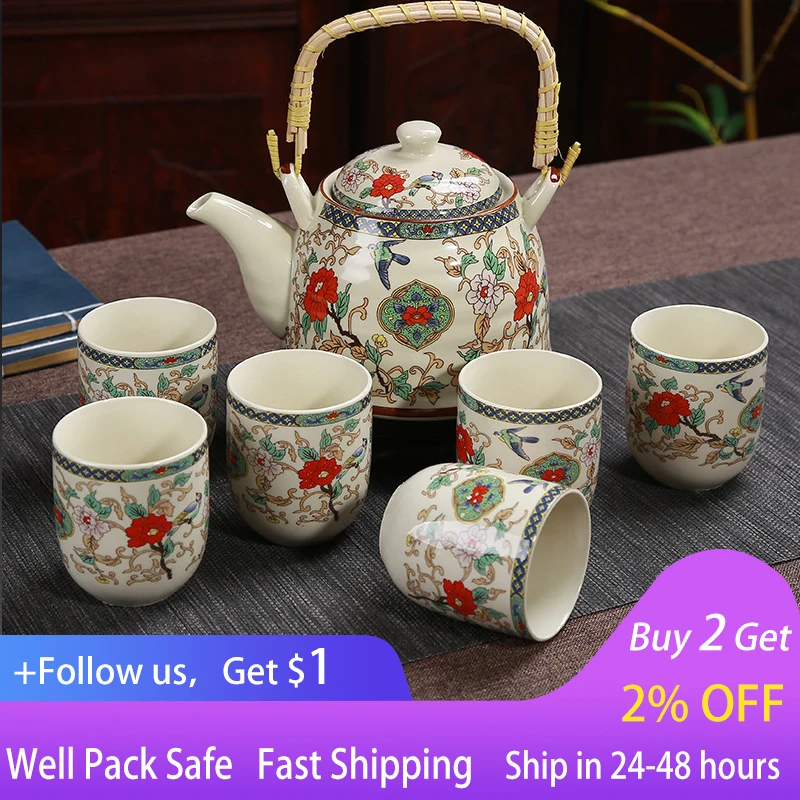 

1 чайник, 6 чашек, креативный керамический чайный набор ручной работы, чайная чашка, китайский фарфор, подарок, цветочный чай, чайная посуда, о...