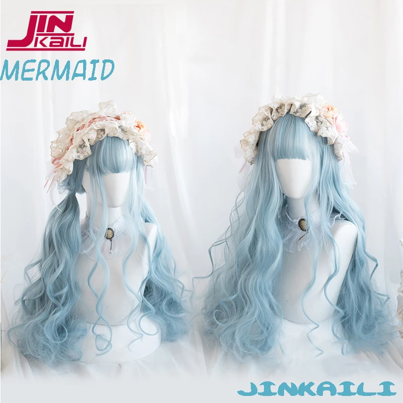 

JINKAILI Synthetic Long Wavy Curly Cosplay Wig With Bang Blonde White Red Cute Lolita Wig Women Halloween Cosplay Wig Female