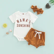 0-18 Months Newborn Baby Three Piece Outfits, Infant Short Sleeve Lettering Pattern Romper Ruffle Shorts Elastic Waist Headband