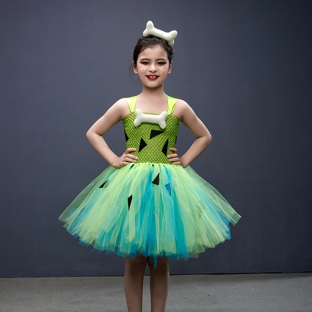 

Pebbles Green and Turquoise Tutu Dress with Bone Hair Clip Flintstones Kids Halloween Cosplay Party Costume Carvegirl Clothing