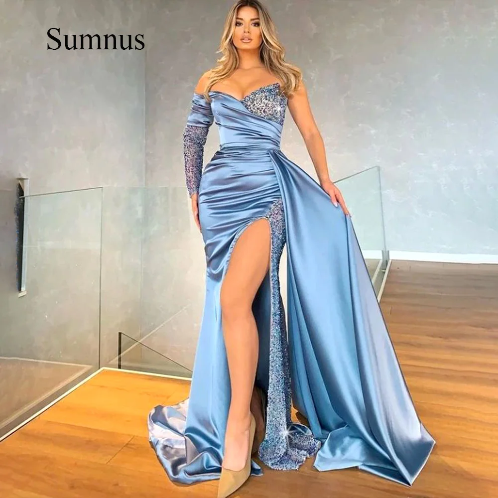 Sumnus Blue Satin One Shoulder Mermaid Evening Dresses Beads Sweetheart Side Split Purple Evening Party Gowns With Draped Train
Sumnus Blue Satin One Shoulder Mermaid Evening Dresses Beads Sweetheart Side Split Purple Evening Party Gowns With Draped Train