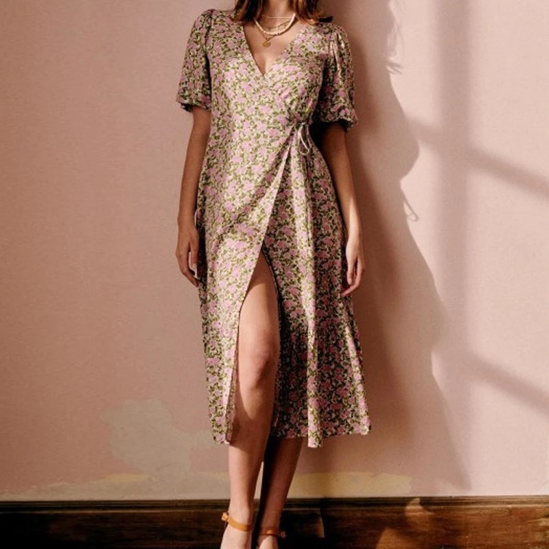 French Pastoral Floral V-neck Wrap Tie Midi Skirt Women's High Waist Slit Short-sleeved Dress Summer Holiday Female Clothing
French Pastoral Floral V-neck Wrap Tie Midi Skirt Women's High Waist Slit Short-sleeved Dress Summer Holiday Female Clothing