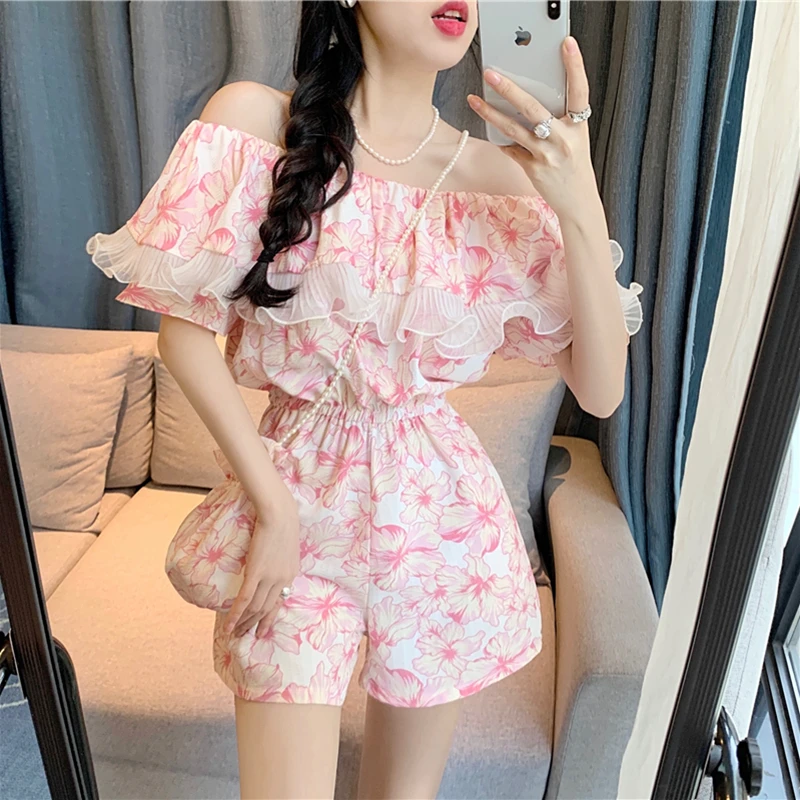 

French Ladies Gentle Style Summer Flower Short Sleeve Slash Neck Ruffled One-Piece Shorts Sweet Playsuits To Send Backpack