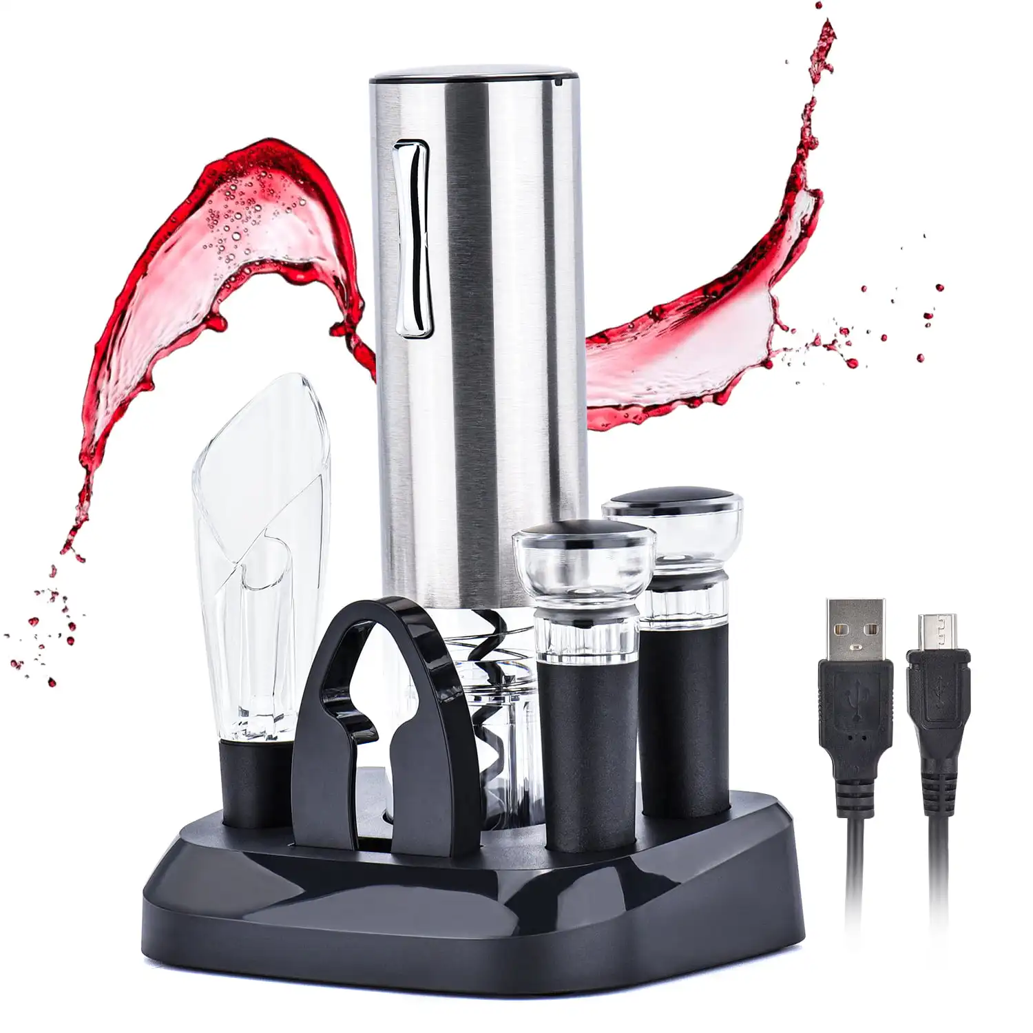 Wine Opener Set with Charging Base, Vacuum Freshener with 2 Stoppers, Foil Cutter, Bar Accessories
Wine Opener Set with Charging Base, Vacuum Freshener with 2 Stoppers, Foil Cutter, Bar Accessories