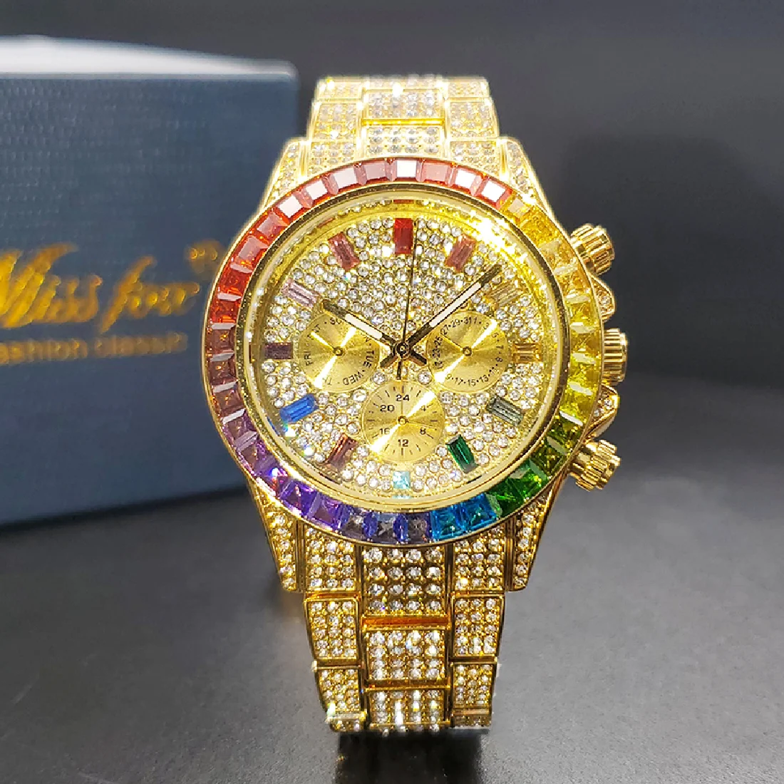Gold Men's Watch with Rainbow Diamond Luxury Classic Hip Hop Waterproof Quartz Watches Iced Out Jewelry Hand Clock Gift For Male
Gold Men's Watch with Rainbow Diamond Luxury Classic Hip Hop Waterproof Quartz Watches Iced Out Jewelry Hand Clock Gift For Male