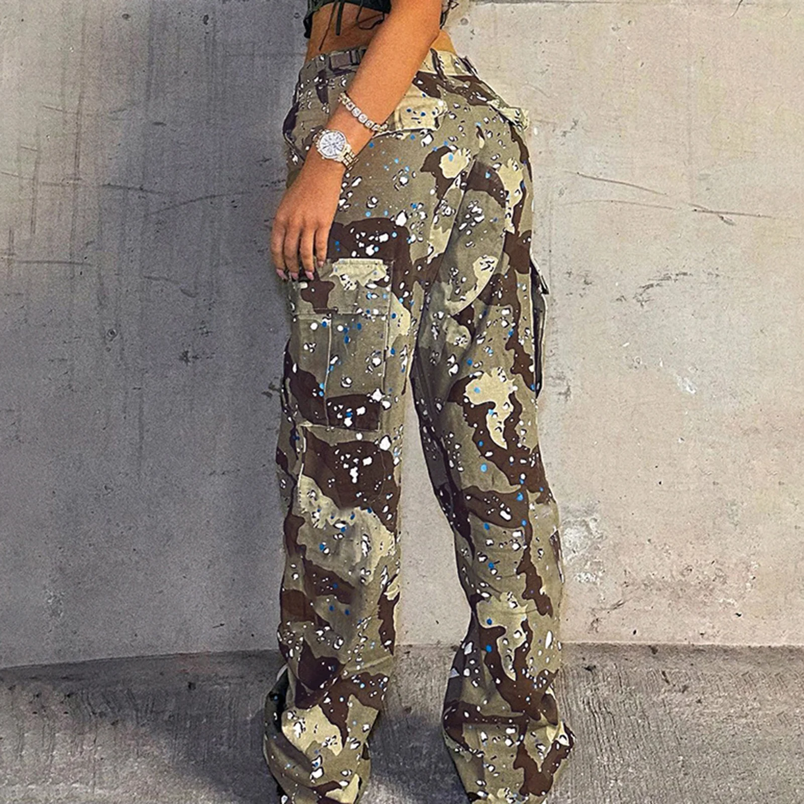 

Polka-Dot Printed Sports Camo Trousers Contrast Color Wide Leg Pants Fashion Simple European Style Drawstring for Outdoor Travel