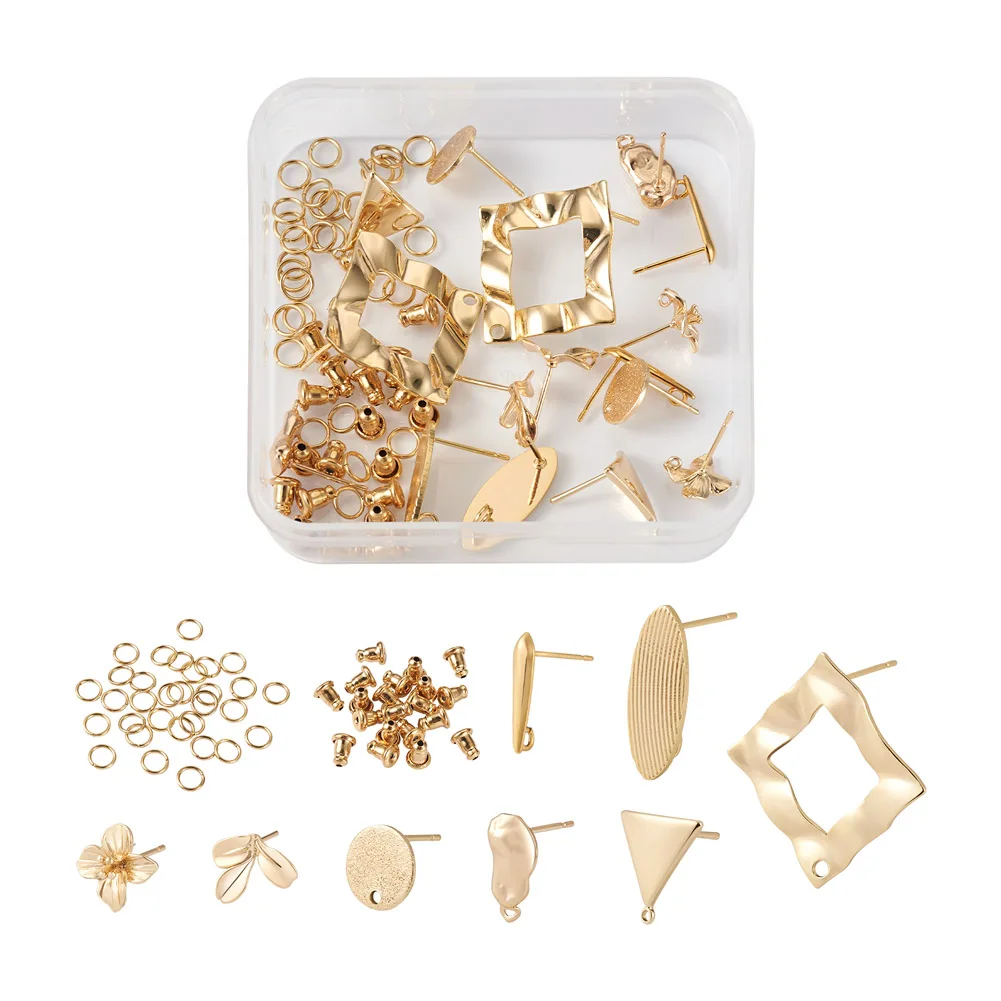 

16Pcs 18K Gold Plated Earring Studs 8 Mixed Shapes Brass Post Stud with Loop Ear Nuts Jump Rings for DIY Earring Making Supplies