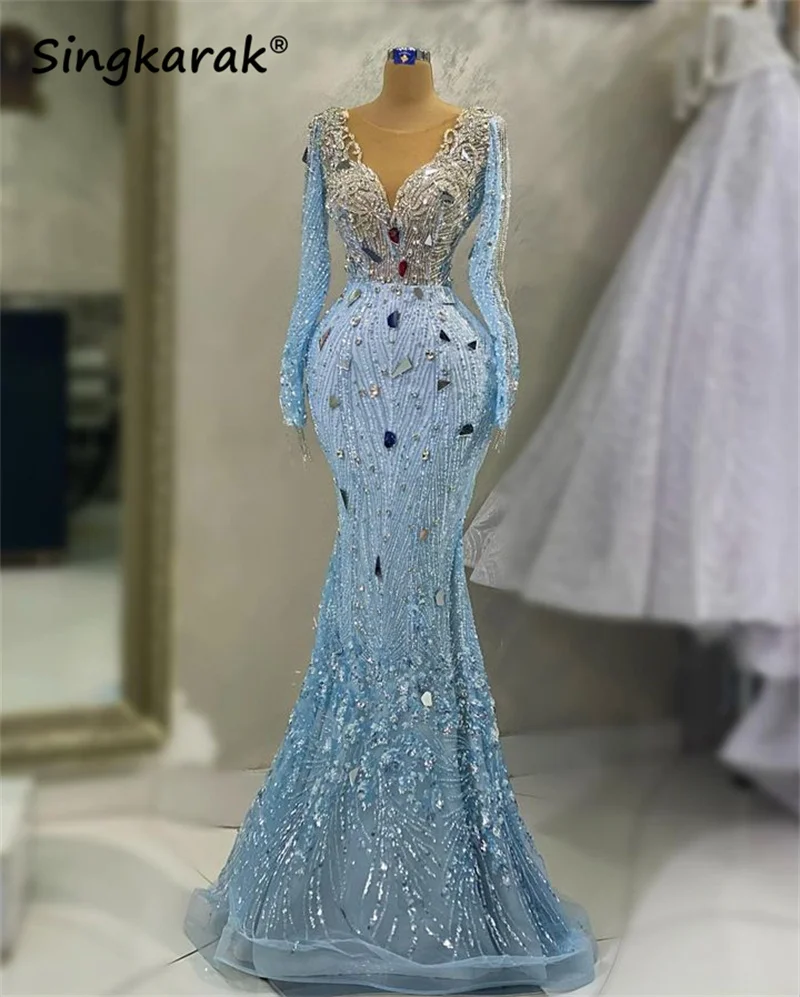 

Роскошное синее вечернее платье-Русалка 2023, женское платье с длинным рукавом и бусинами, свадебное платье, платье для выпускного вечера, пла...