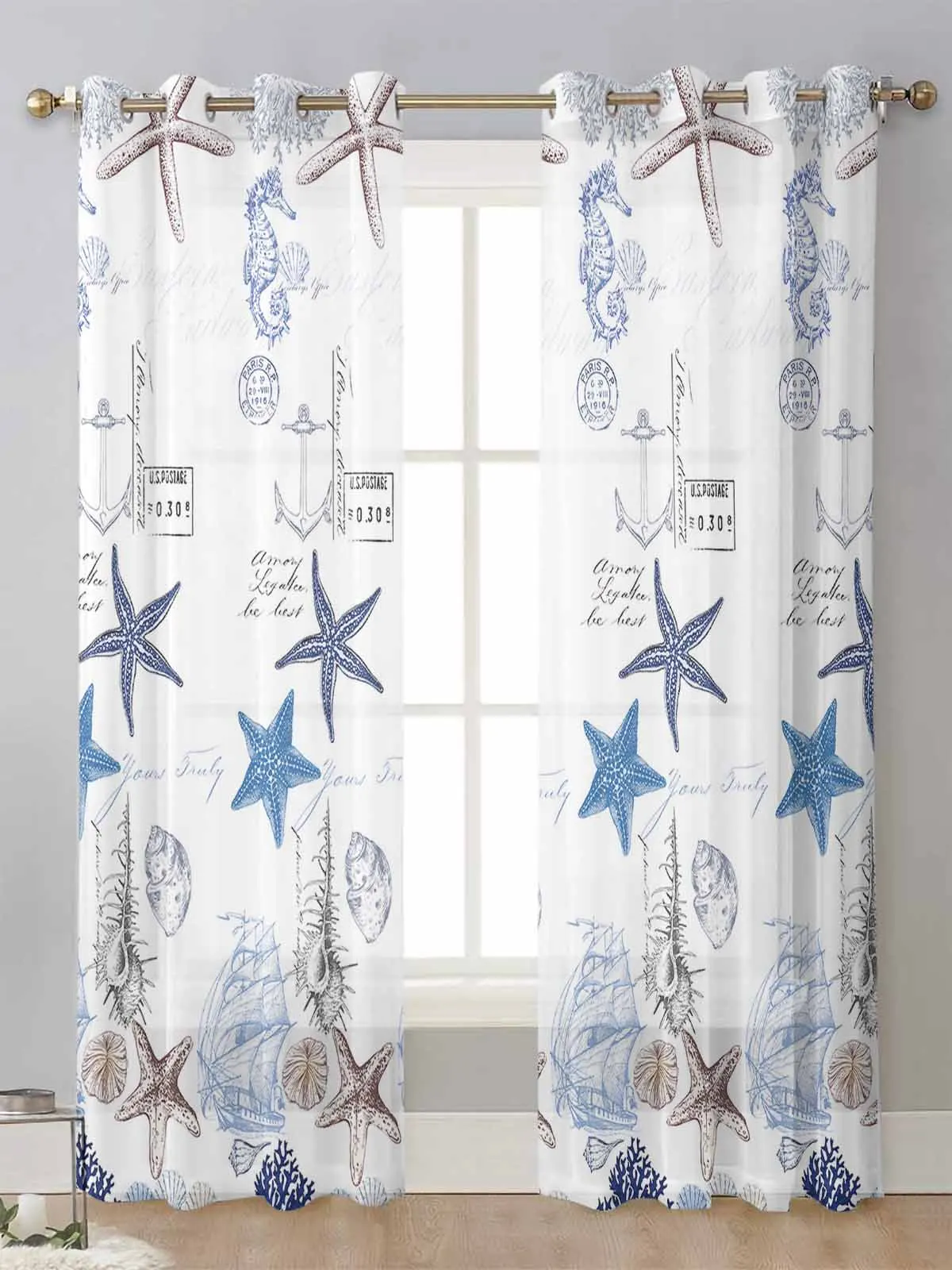 

Marine Texture Seashells Starfish Seahorse Sheer Curtains For Living Room Window Voile Tulle Curtain Cortinas Drapes Home Decor
