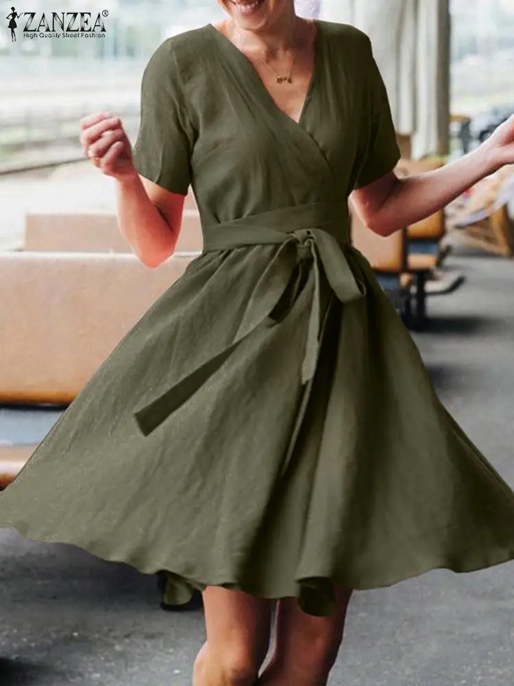 ZANZEA Fashion Solid Bow Tie V Neck Short Sleeve Sundress Elegant Women Party Knee-length Vestidos Summer Casual OL Work Dress
ZANZEA Fashion Solid Bow Tie V Neck Short Sleeve Sundress Elegant Women Party Knee-length Vestidos Summer Casual OL Work Dress