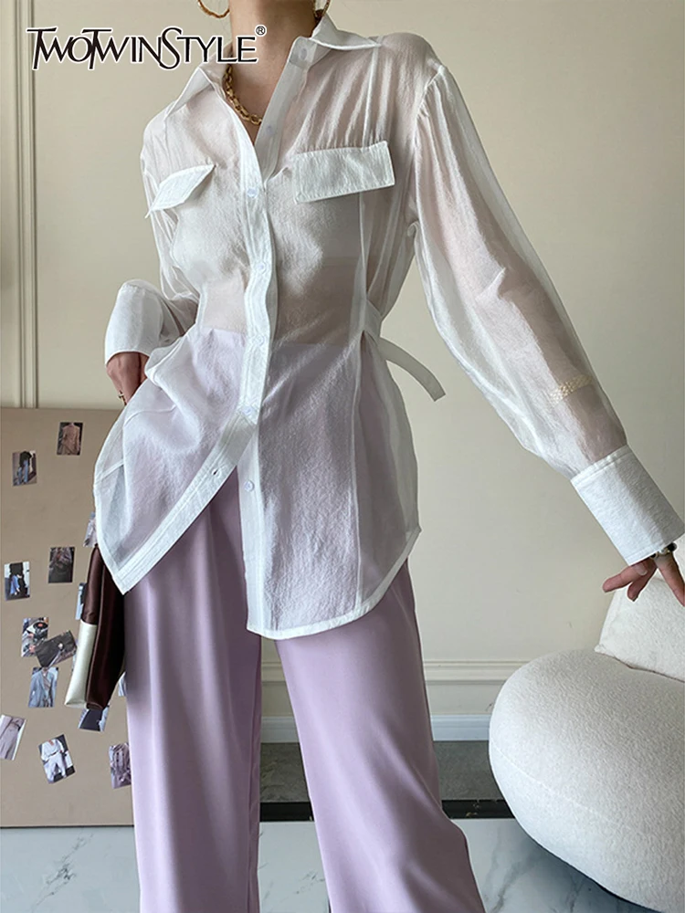 TWOTWINSTYLE Casual Solid Shirt For Women Lapel Collar Long Sleeve Button Through Gathered Waist Shirts Female Spring Clothing
TWOTWINSTYLE Casual Solid Shirt For Women Lapel Collar Long Sleeve Button Through Gathered Waist Shirts Female Spring Clothing