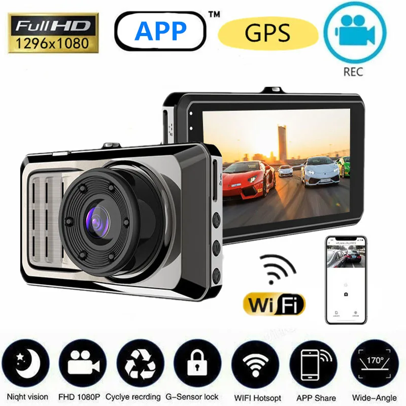 

Full HD 1296p черный ящик Dvr Carcam Dash Cam 3 в 1 Автомобильная камера с двумя объективами 、 GPS 、 WiFi 、 G-сенсор 、 24-часовой парковочный видеорегистратор ...