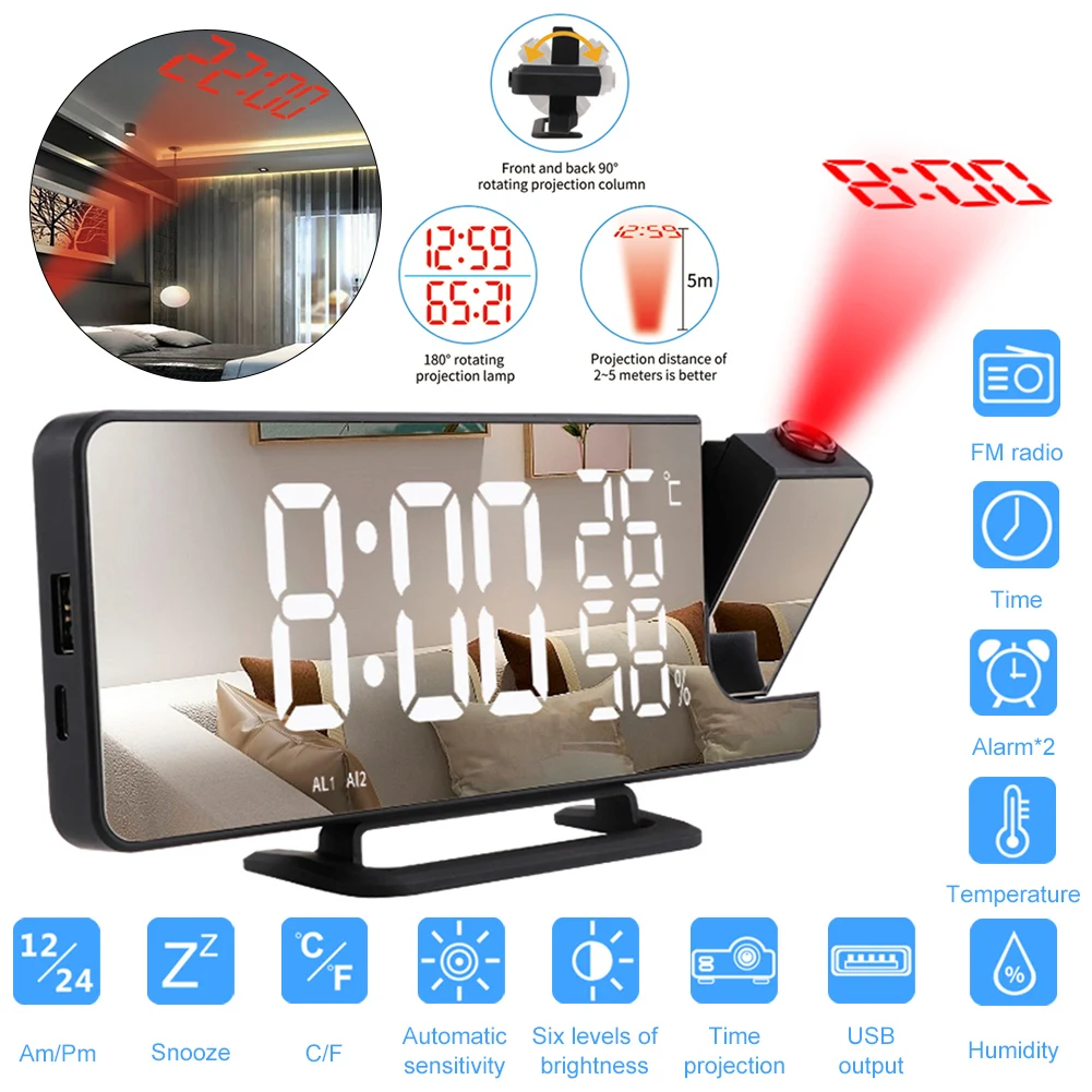 FM Radio LED Digital Projection Alarm Clock Table Electronic Alarm Clock with Projection Time Projector Bedroom Bedside Clock
FM Radio LED Digital Projection Alarm Clock Table Electronic Alarm Clock with Projection Time Projector Bedroom Bedside Clock