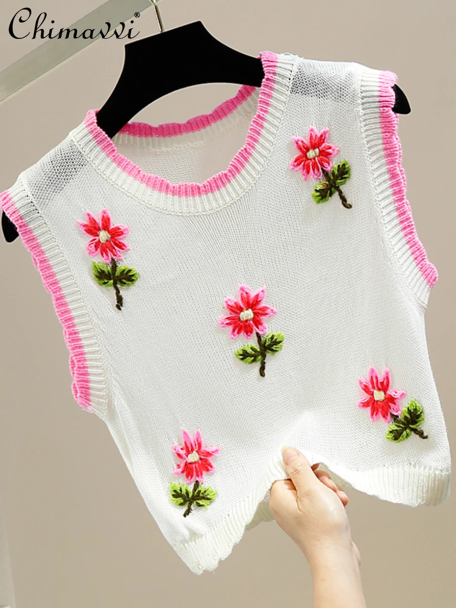 Contrast Color Sweet Flowers Round Neck Pullover Top 2022 Summer New Fashion Sleeveless Thin Slim Short Knitted Vest Women
Contrast Color Sweet Flowers Round Neck Pullover Top 2022 Summer New Fashion Sleeveless Thin Slim Short Knitted Vest Women