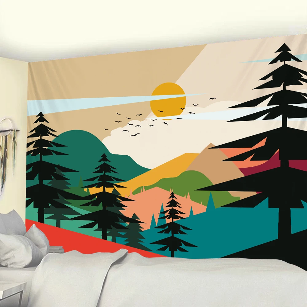 

Nordic Mountains Sunrise Misty Forest Psychedelic Scene Home Decor Tapestry Hippie Bohemian Yoga Mat Room Wall Decor