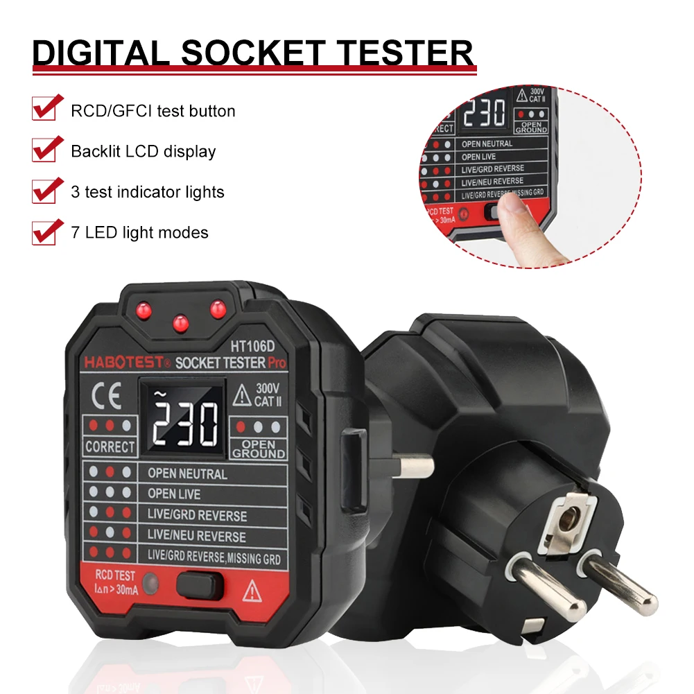EU Digital Socket Tester Smart Voltage Detector RCD GFCI NCV Test Large LCD Display Ground Zero Line Test Polarity Phase Check
EU Digital Socket Tester Smart Voltage Detector RCD GFCI NCV Test Large LCD Display Ground Zero Line Test Polarity Phase Check