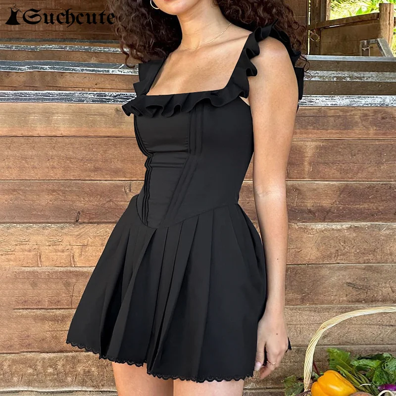 SUCHCUTE Lace Stitch Korean Streetwear Black Mini Dress Women Sleeveless Ruffled Square Collar Aesthetic Summer Pleated Dresses
SUCHCUTE Lace Stitch Korean Streetwear Black Mini Dress Women Sleeveless Ruffled Square Collar Aesthetic Summer Pleated Dresses