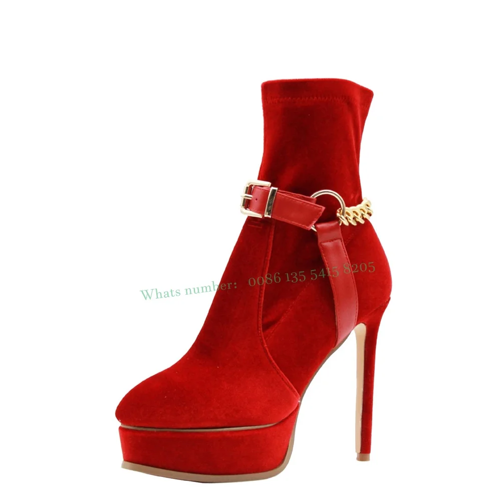 Velvet Red Stiletto Heels Ankle Boots Buckle Round Toe Platform Chain Decor Women's Short Booties 2023 New Elegant Casual Shoes
Velvet Red Stiletto Heels Ankle Boots Buckle Round Toe Platform Chain Decor Women's Short Booties 2023 New Elegant Casual Shoes