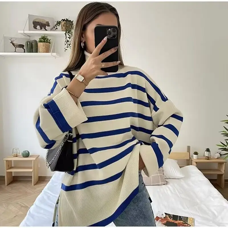 2023 New Striped Split Turtleneck Women Sweater Long Flare Sleeve Knitted Oversized Autumn Winter Female Pullover Fashion
2023 New Striped Split Turtleneck Women Sweater Long Flare Sleeve Knitted Oversized Autumn Winter Female Pullover Fashion
