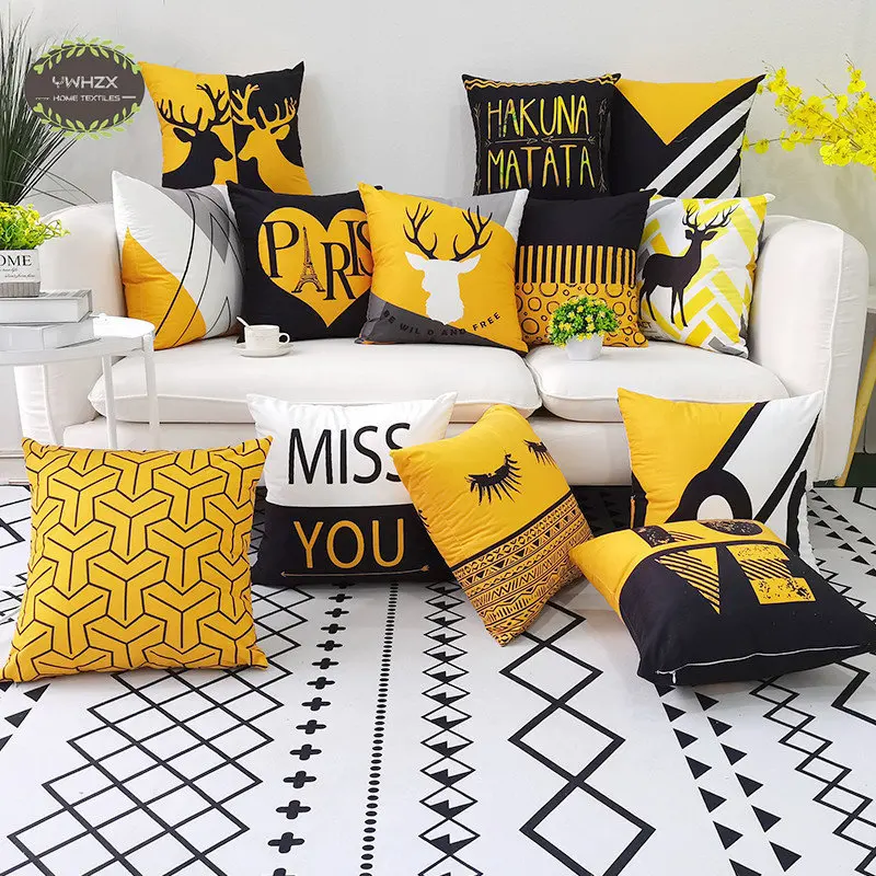 

Alphabet Letter Cushion Cover Living Room Car Black Yellow Printing Pillow Case Peach Skin Office Pillowcases Home Decoration