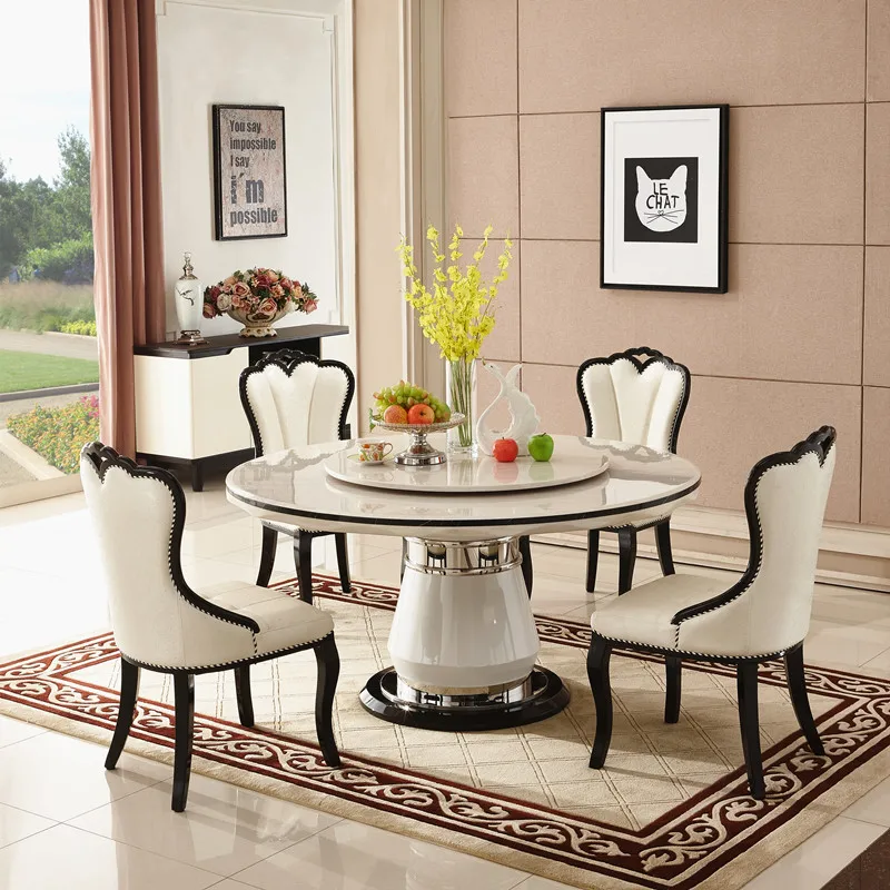 European marble round dining table and chair combination black and white simple modern luxury dining table villa round table wit
European marble round dining table and chair combination black and white simple modern luxury dining table villa round table wit