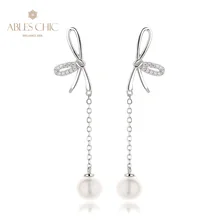 AC Freshwater Pearls 6.5-7mm Paved Butterfly Studs Solid 925 Silver Long Chain Dangling Earrings PE1045